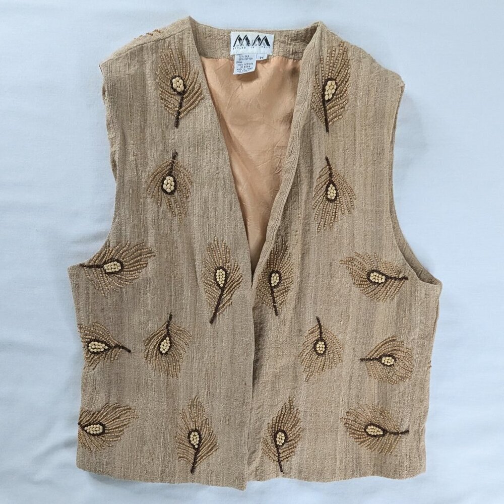 VTG Tan Beaded Silk Open Front Woven Leaf Design Vest